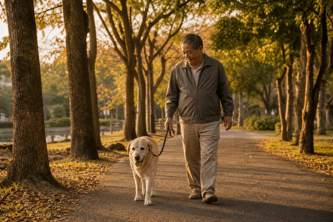 黃昏的公園步道上，老拉布拉多與飼主緩慢散步