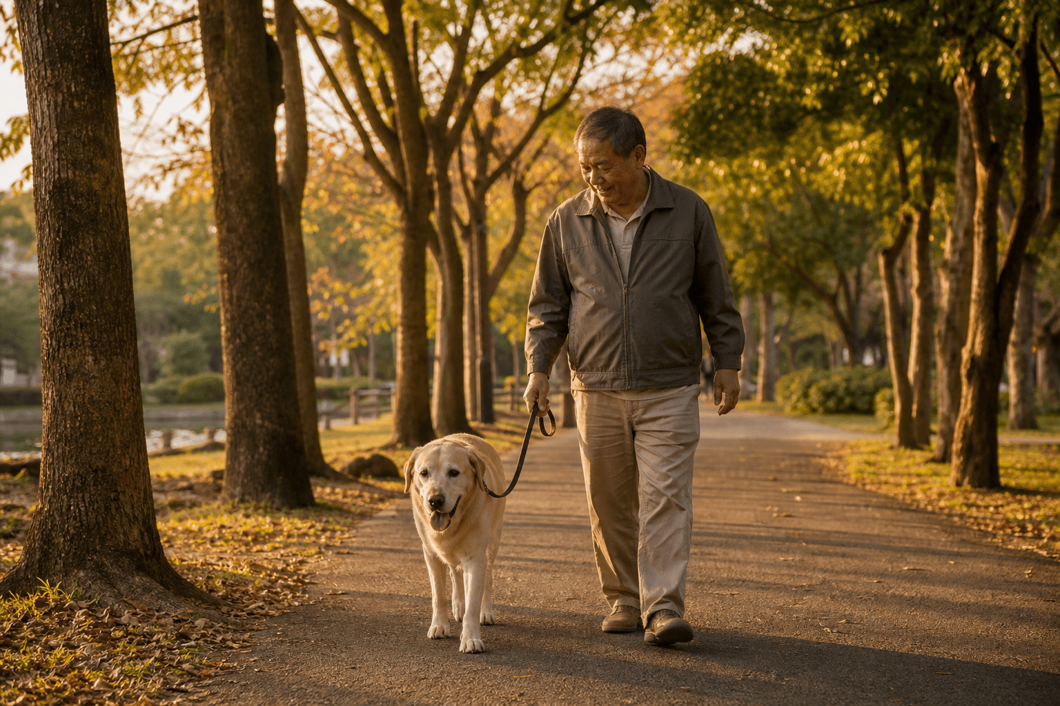 黃昏的公園步道上，老拉布拉多與飼主緩慢散步