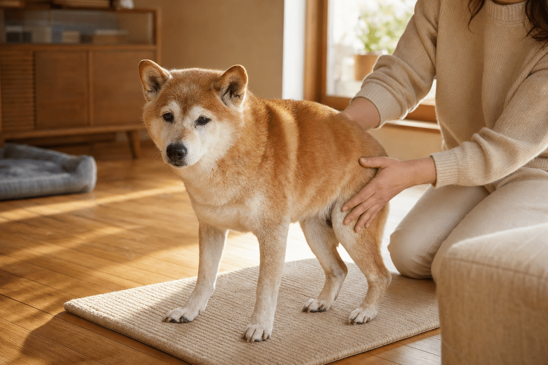 飼主蹲在止滑墊旁，雙手扶著後腿無力的老柴犬
